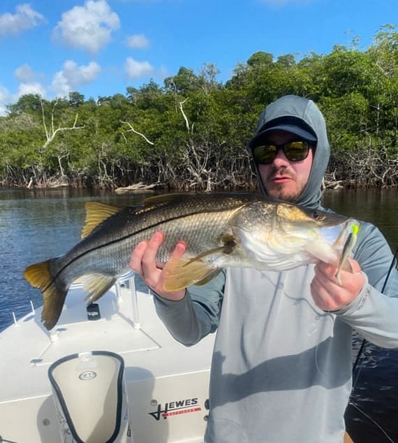 An image of an angler catching a snook on a 1/2 day charter with Hot Water Fishing